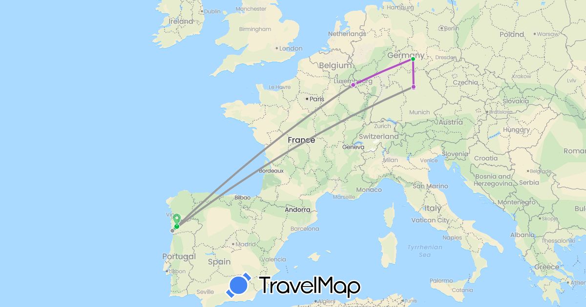 TravelMap itinerary: driving, bus, plane, train in Germany, Luxembourg, Portugal (Europe)